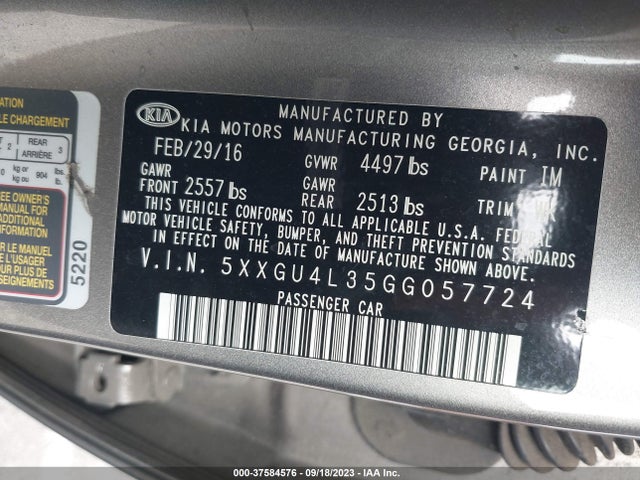 2016 KIA OPTIMA EX VIN: 5XXGU4L35GG057724