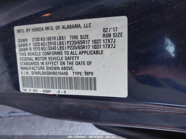 Honda ODYSSEY SE 2017 5FNRL5H38HB016440 Image 9