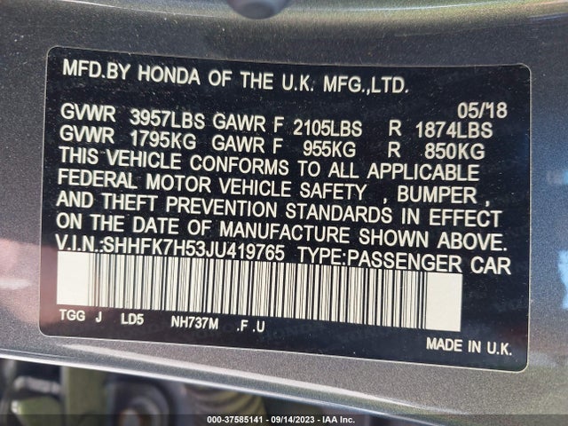 Honda Civic Hatchback Ex 2018 SHHFK7H53JU419765 Image 9