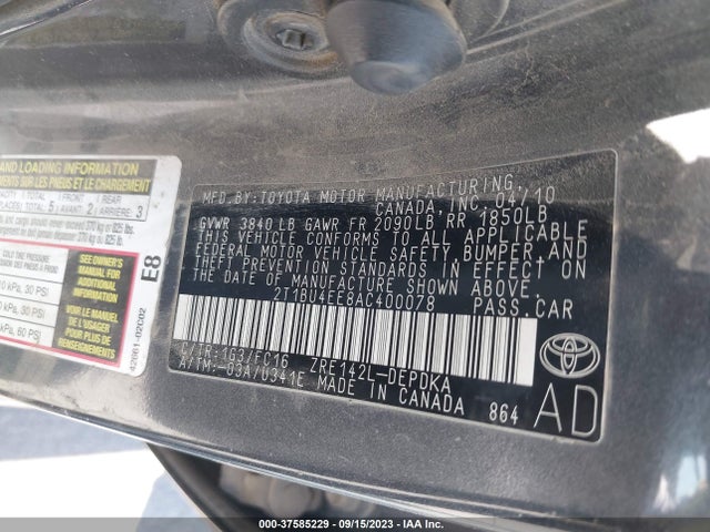 2010 TOYOTA COROLLA VIN: 2T1BU4EE8AC400078