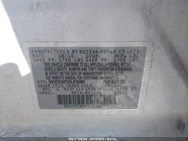 3N1CN7APXGL816393 Nissan Versa 1.6 S/1.6 S+/1.6 Sl/1.6 Sv