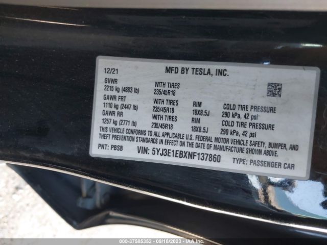 5YJ3E1EBXNF137860 Tesla Model 3 Long Range