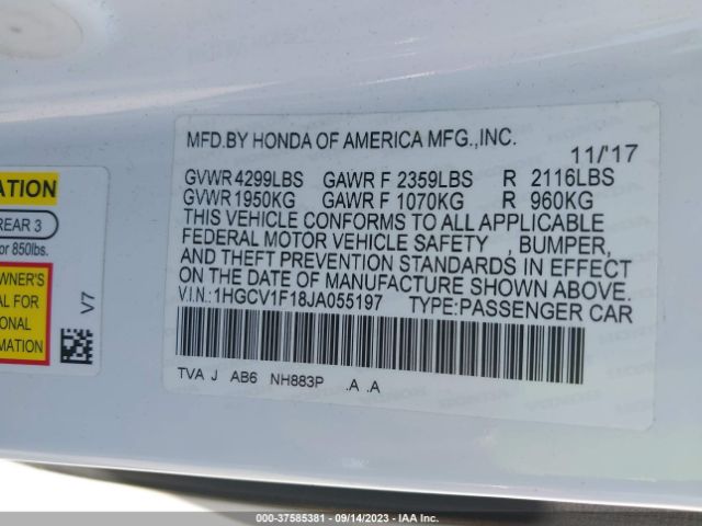 1HGCV1F18JA055197 Honda Accord Sedan Lx 1.5t
