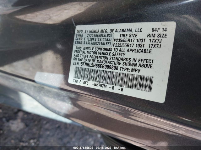 Honda Odyssey Ex-l 2014 5FNRL5H66EB099808 Image 9