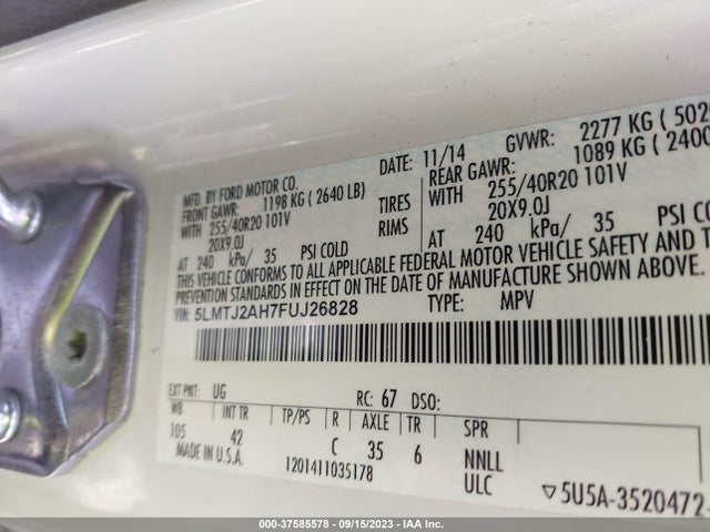 2015 LINCOLN MKC VIN: 5LMTJ2AH7FUJ26828