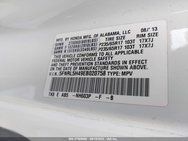 Honda ODYSSEY EX 2014 5FNRL5H49EB020758 Image 9
