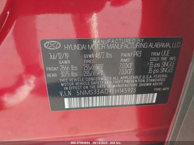 Hyundai Santa Fe Sel 2020 5NMS33AD4LH145923 Image 9