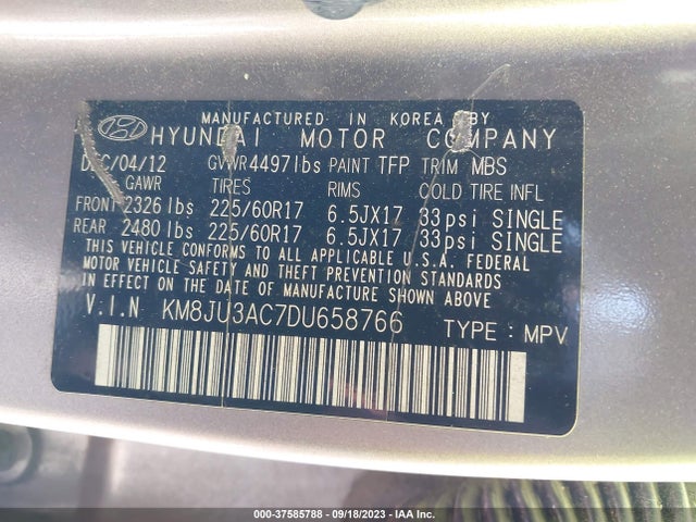 2013 HYUNDAI TUCSON GLS VIN: KM8JU3AC7DU658766