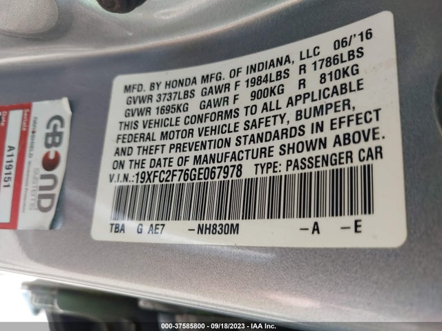 Honda CIVIC EX 2016 19XFC2F76GE067978 Image 9