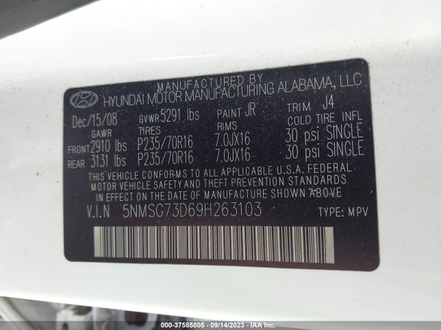 2009 HYUNDAI SANTA FE GLS VIN: 5NMSG73D69H263103