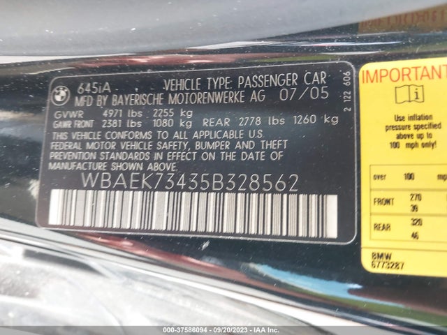 2005 BMW 6 SERIES 645CI VIN: WBAEK73435B328562