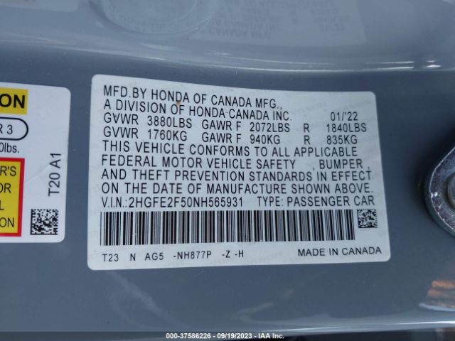 2HGFE2F50NH565931 Honda Civic Sedan Sport
