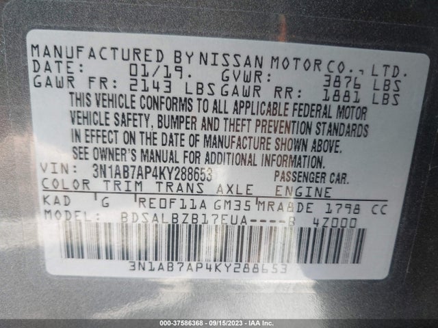 Nissan SENTRA S 2019 3N1AB7AP4KY288653 Image 9