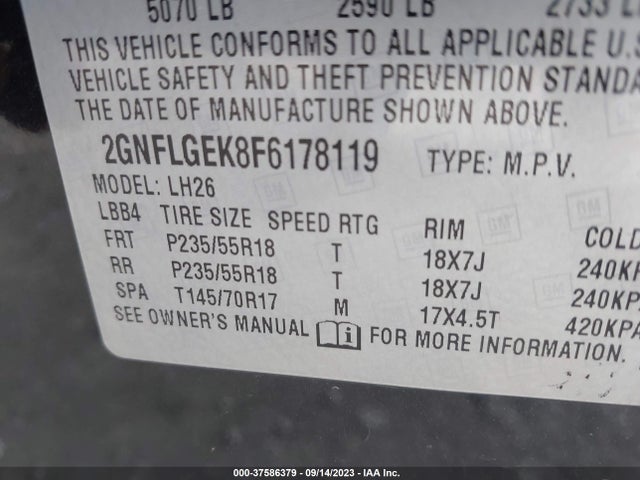 Chevrolet EQUINOX LT 2015 2GNFLGEK8F6178119 Image 9