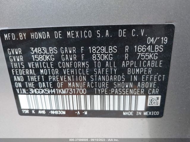 3HGGK5H41KM731700 Honda FIT LX