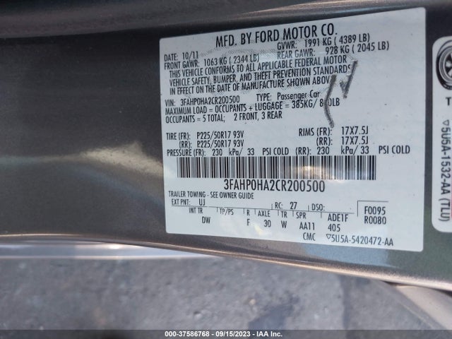 2012 FORD FUSION SE VIN: 3FAHP0HA2CR200500