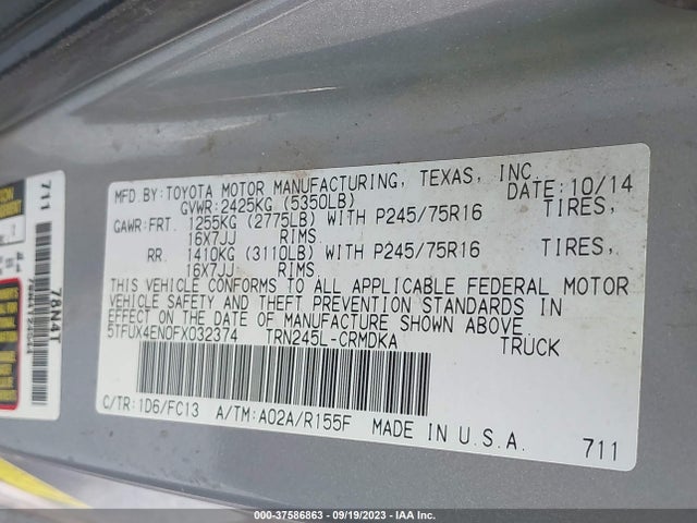 2015 TOYOTA TACOMA VIN: 5TFUX4EN0FX032374
