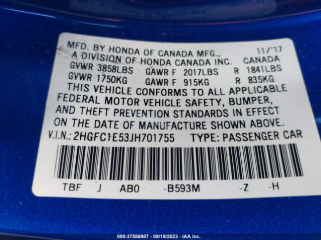 2HGFC1E53JH701755 Honda CIVIC SI SEDAN