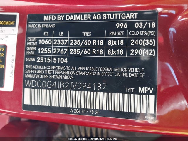 2018 MERCEDES-BENZ GLC 300 VIN: WDC0G4JB2JV094187