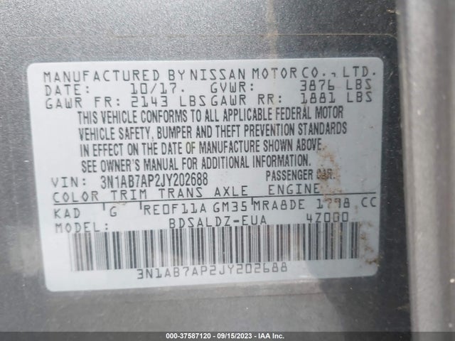 2018 NISSAN SENTRA SV VIN: 3N1AB7AP2JY202688