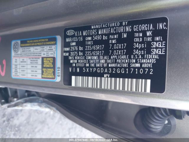 5XYPGDA32GG171072 KIA SORENTO LX