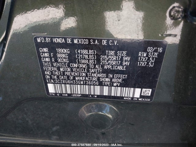 Honda HR-V LX 2016 3CZRU6H33GM736056 Image 9