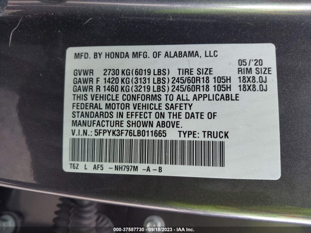 Honda Ridgeline Rtl-e 2020 5FPYK3F76LB011665 Image 9