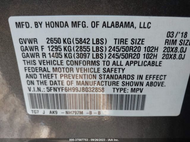 5FNYF6H99JB032858 Honda Pilot Touring