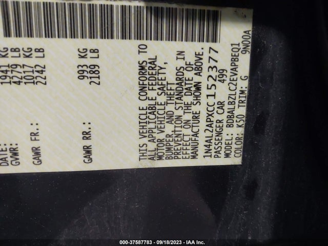 2012 NISSAN ALTIMA 2.5 SL VIN: 1N4AL2APXCC152377