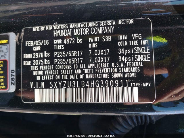 2017 HYUNDAI SANTA FE SPORT 2.4L VIN: 5XYZU3LB4HG390911