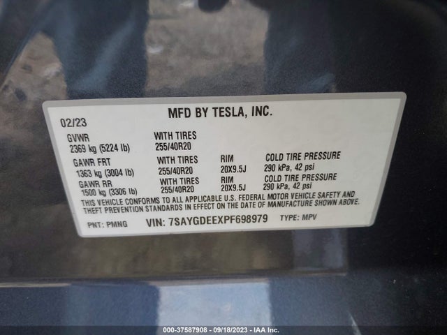 2023 TESLA MODEL Y AWD/LONG RANGE DUAL MOTOR ALL-WHEEL DRIVE VIN: 7SAYGDEEXPF698979