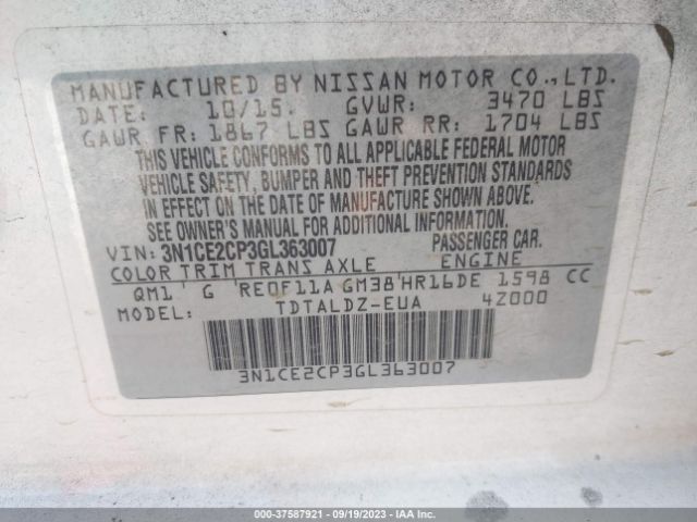 3N1CE2CP3GL363007 Nissan Versa Note S/s Plus/sv/sr/sl