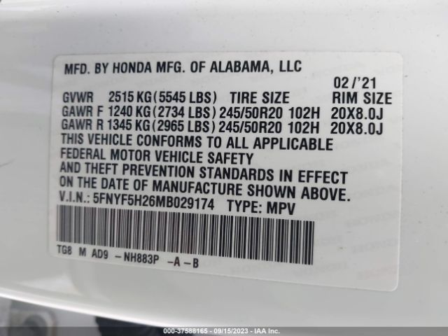 5FNYF5H26MB029174 Honda Pilot Special Edition