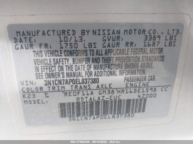 3N1CN7AP0EL837380 Nissan Versa S Plus