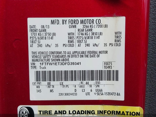 2013 FORD F-150 XL/XLT/FX4/LARIAT VIN: 1FTFW1ET3DFD39341