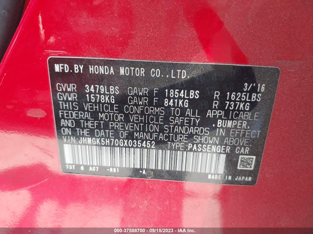 Honda FIT EX 2016 JHMGK5H70GX035452 Image 9