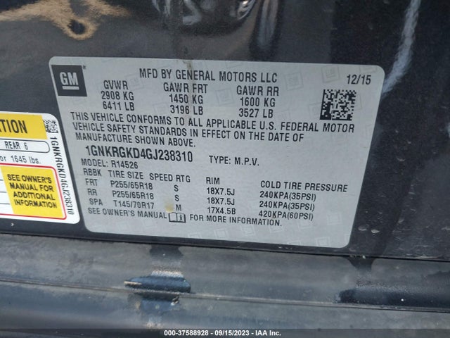 Chevrolet Traverse Lt 2016 1GNKRGKD4GJ238310 Image 9