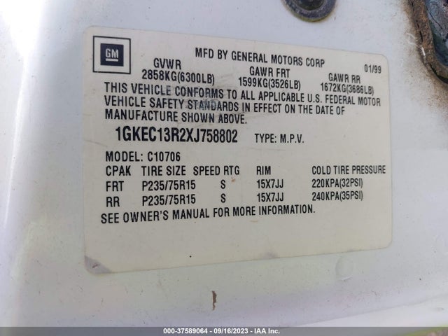 1999 GMC YUKON VIN: 1GKEC13R2XJ758802