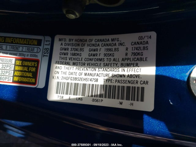 Honda Civic Coupe Lx 2014 2HGFG3B52EH514758 Image 9