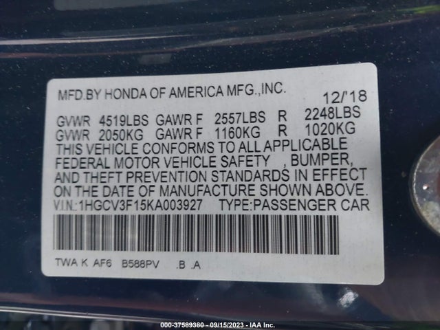 2019 HONDA ACCORD HYBRID VIN: 1HGCV3F15KA003927