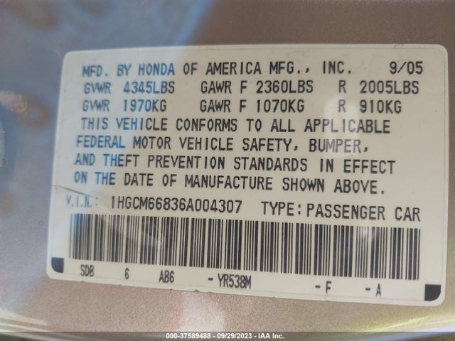 2006 HONDA ACCORD SDN EX-L V6 WITH NAVI VIN: 1HGCM66836A004307