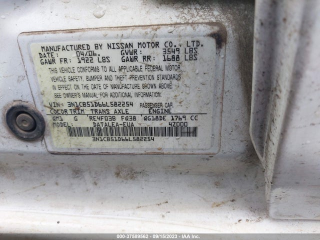 Auction sale of the 2006 Nissan Sentra 1.8 S, vin: 3N1CB51D66L582254, lot number: 37589562