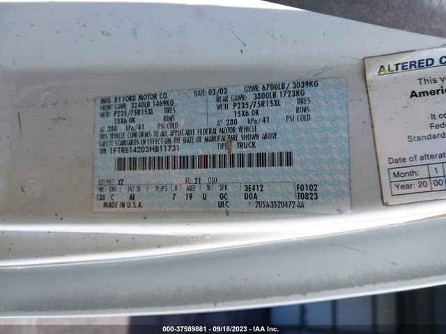 2003 FORD ECONOLINE CARGO VAN VIN: 1FTRE14203HB11731