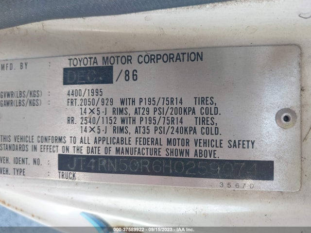 1987 TOYOTA PICKUP 1/2 TON RN50 VIN: JT4RN50R6H0259074