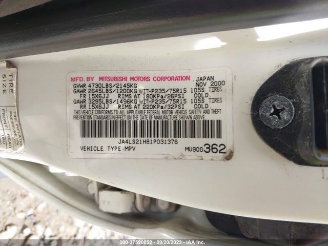 2001 MITSUBISHI MONTERO SPORT ES/LS VIN: JA4LS21H81P031376