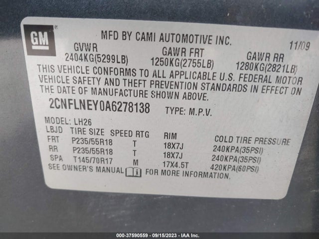 2010 CHEVROLET EQUINOX LT W/2LT VIN: 2CNFLNEY0A6278138