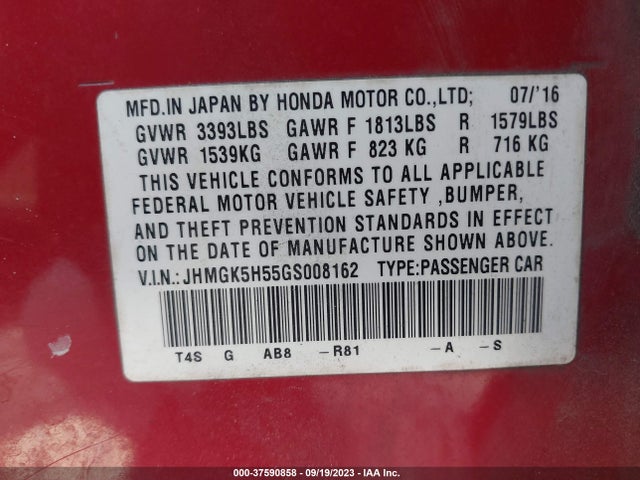 Honda FIT LX 2016 JHMGK5H55GS008162 Image 9