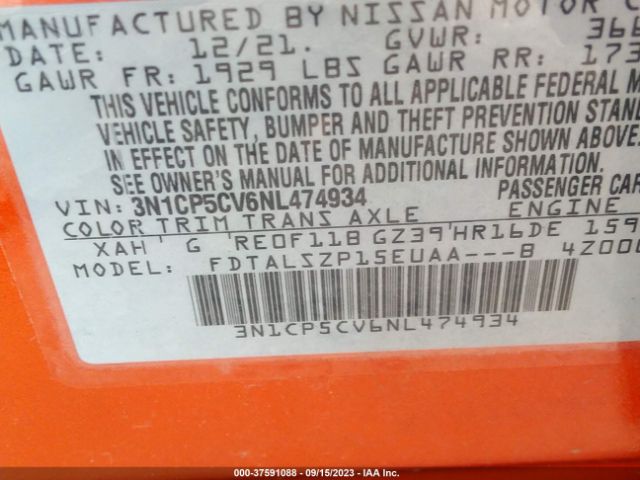 3N1CP5CV6NL474934 Nissan KICKS SV