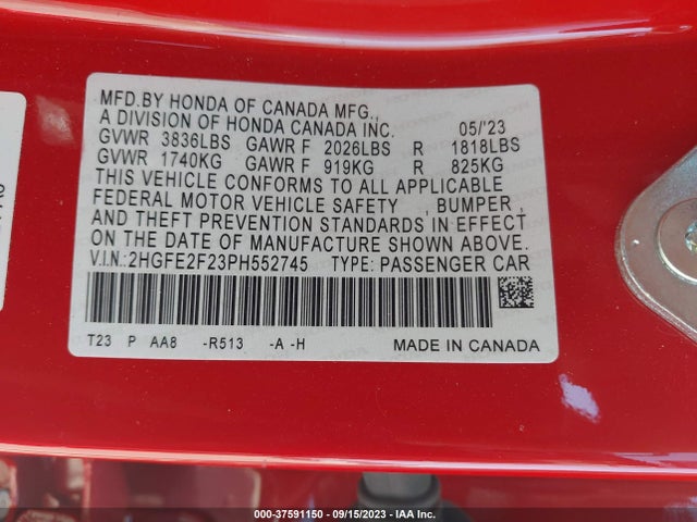 2023 HONDA CIVIC LX VIN: 2HGFE2F23PH552745