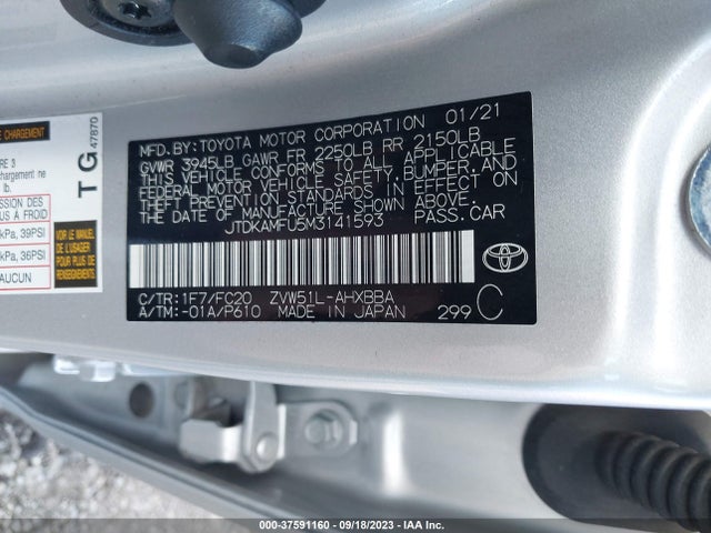 2021 TOYOTA PRIUS L VIN: JTDKAMFU5M3141593